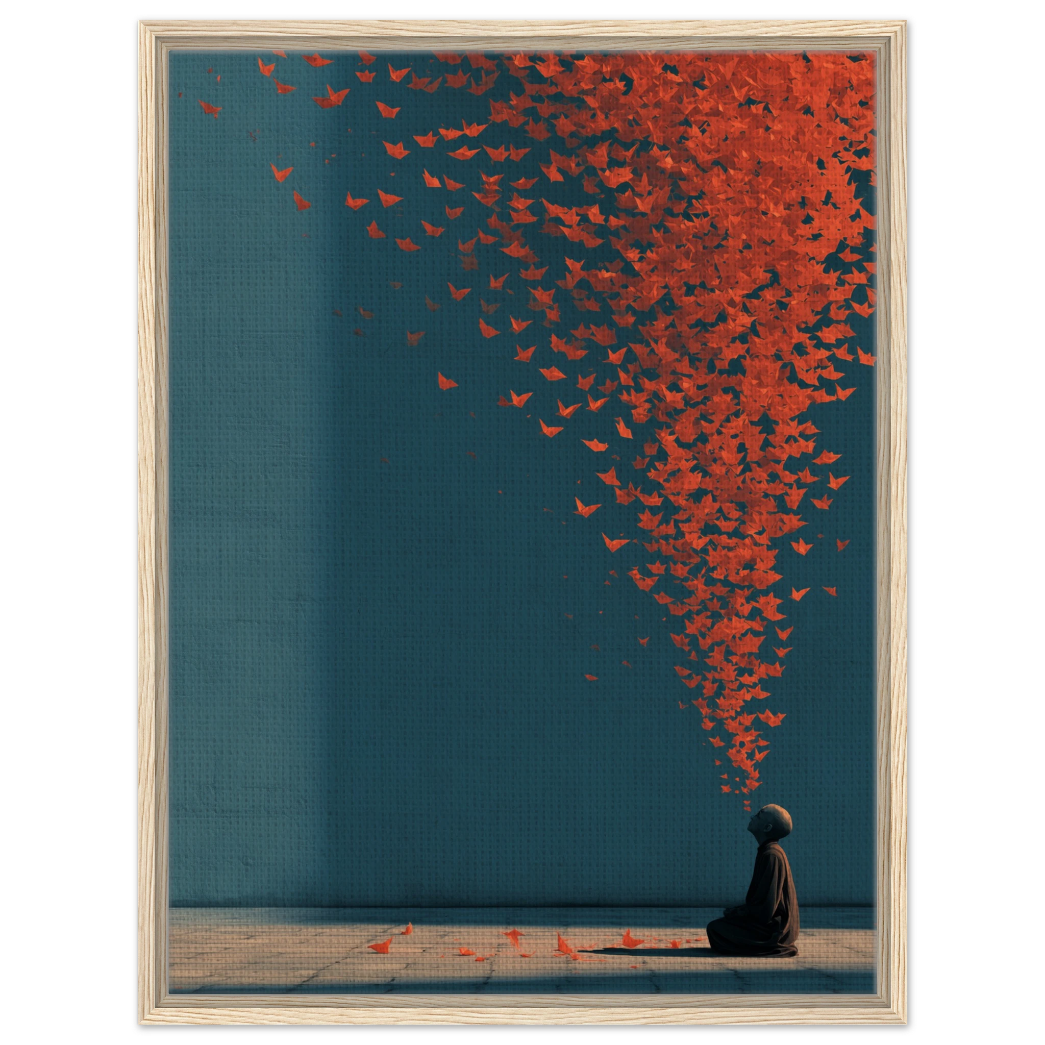 Surrealistisches Poster kniende Person lässt rote Origami Vögel in den blauen Himmel steigen. Leinwand im hellen Holzrahmen.